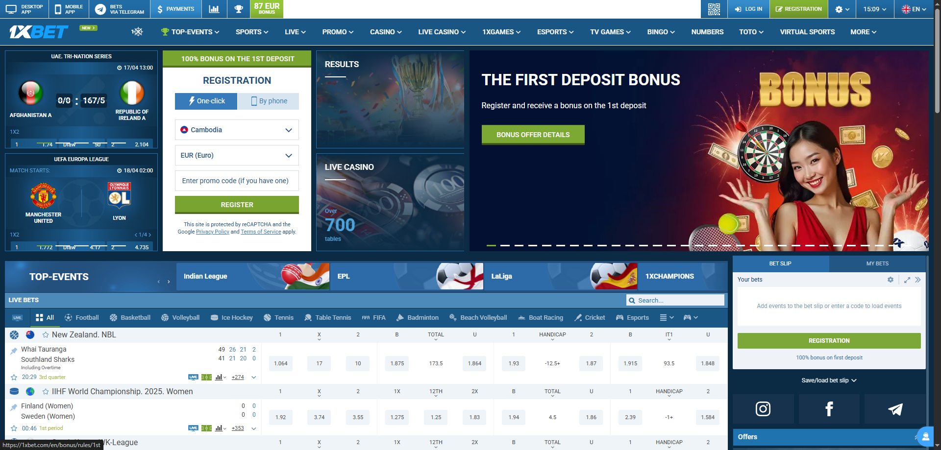 1xBet casino homepage screenshot