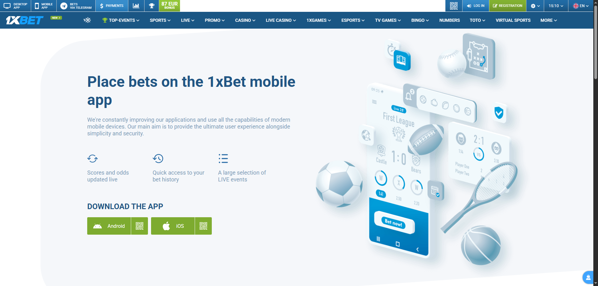 1xBet game lobby screenshot