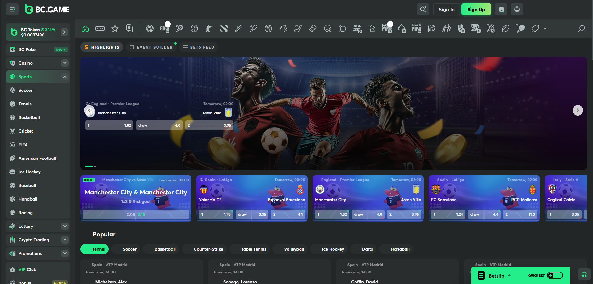 BC.GAME sports betting UI