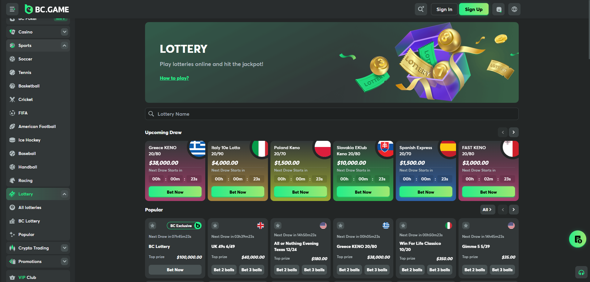 BC.GAME asia lottery game
